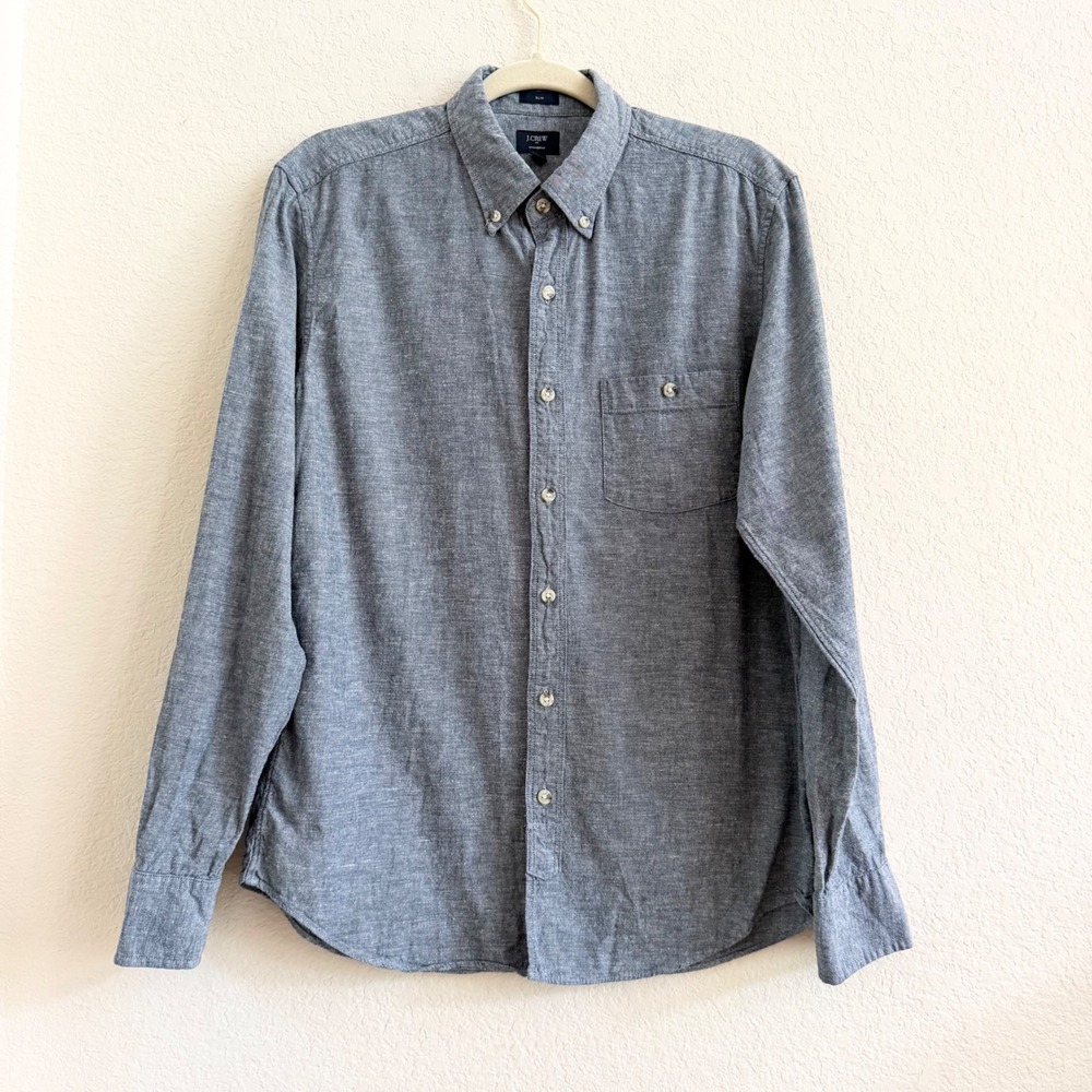 J.Crew Mens Slim Fit Chambray Button Down Shirt Blue Long Sleeve Medium